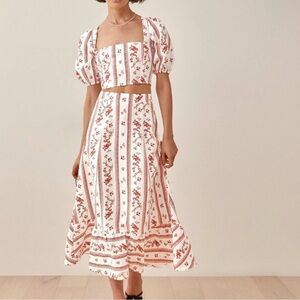 ISO Reformation Yucca skirt set white red floral stripe 8